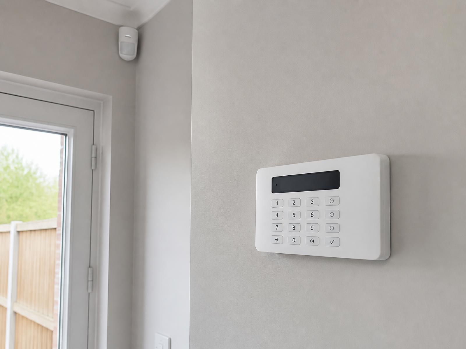 Wireless intruder alarm keypad and PIR sensor installed inside a home